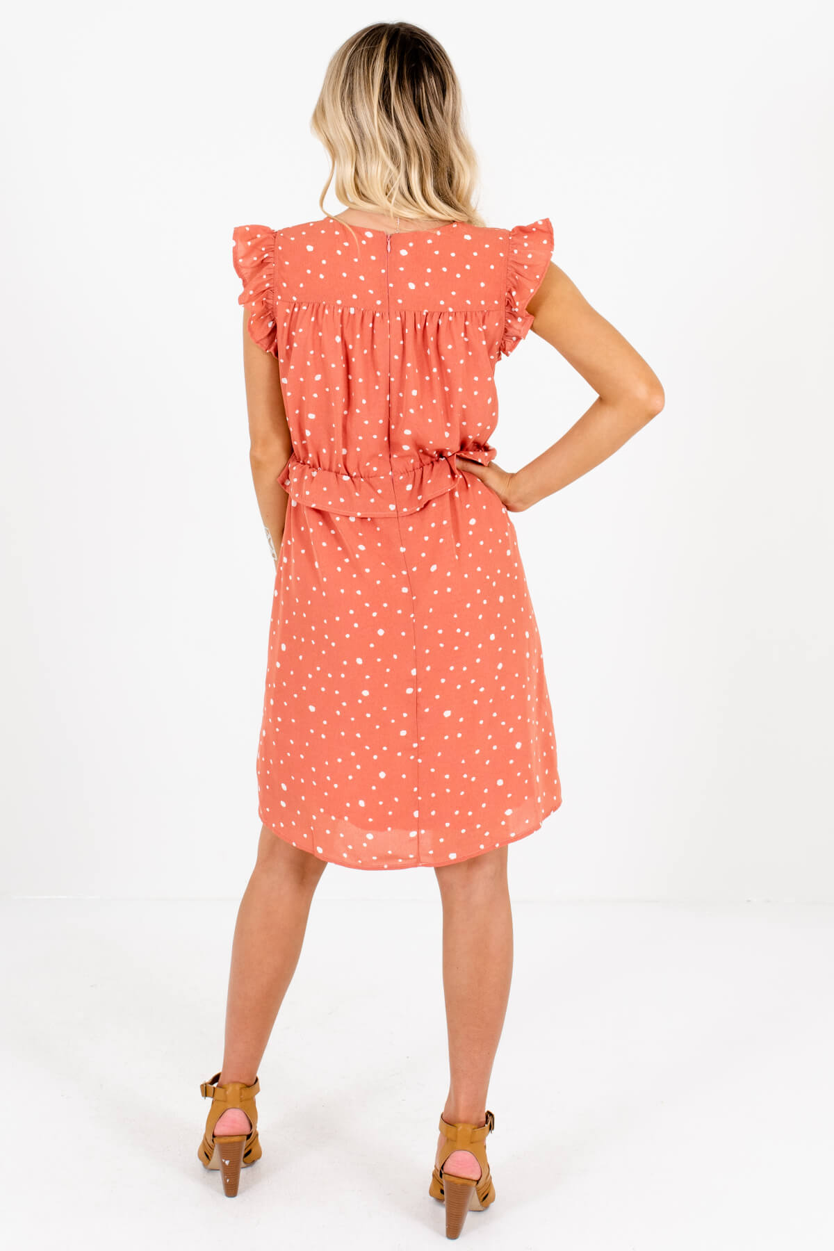 Salmon Pink Polka Dot Ruffle Mini Dresses Affordable Online Boutique