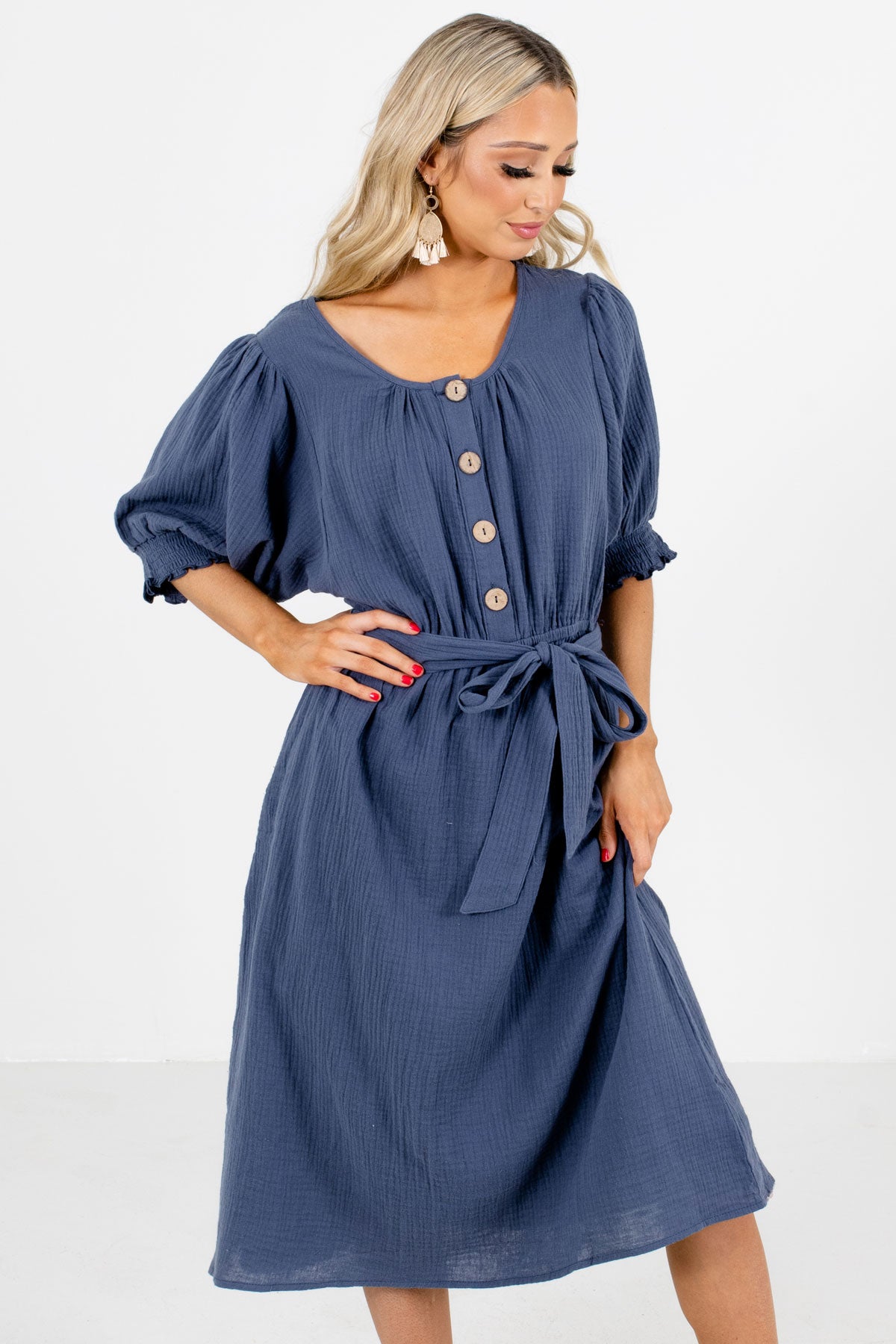 Blue Button-Up Bodice Boutique Knee-Length Dresses for Women