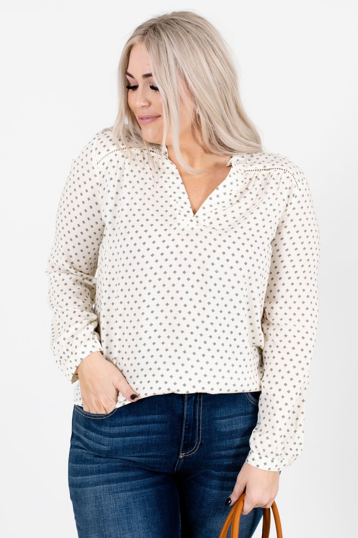 Cream and Black Geometric Patterned Boutique Blouses for Women