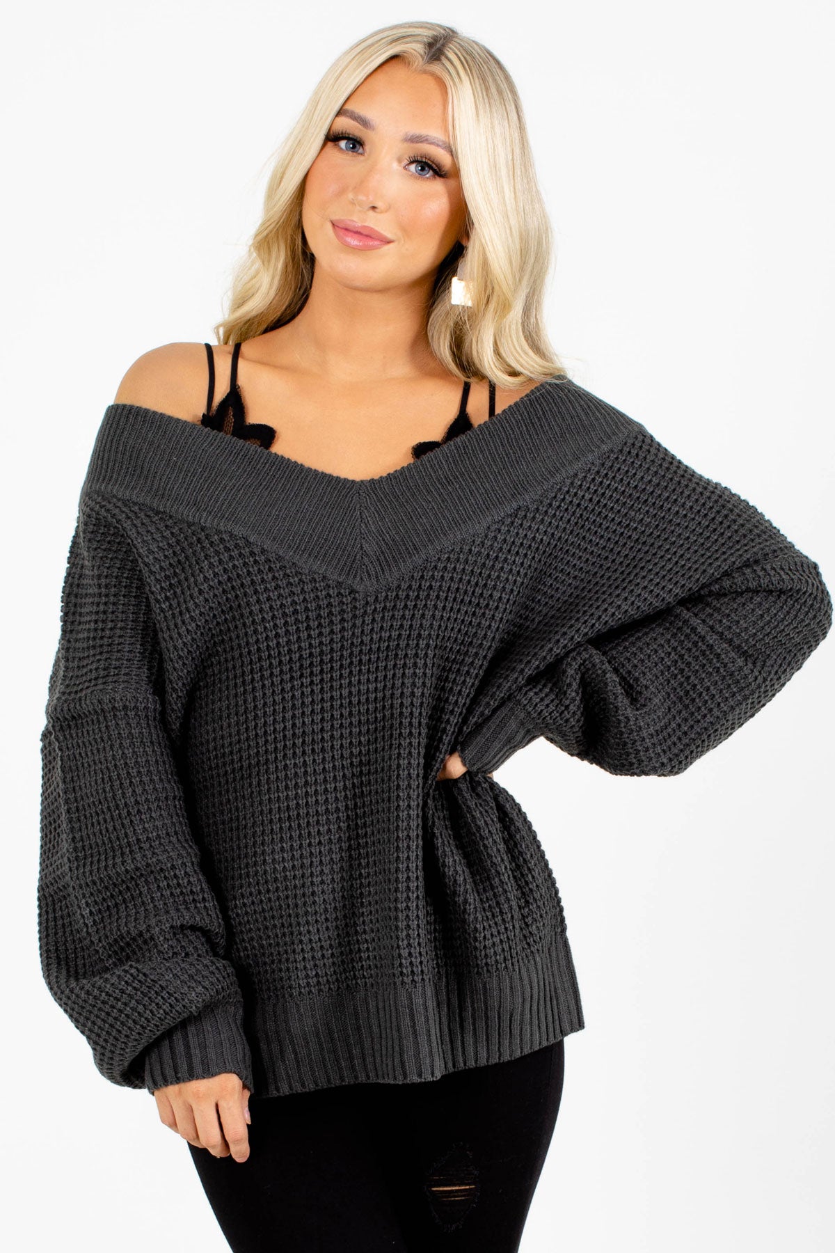 Gray Long Sleeve Boutique Sweaters for Women