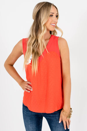 Orange Textured Cutout V-Neckline Boutique Tank Tops for Women