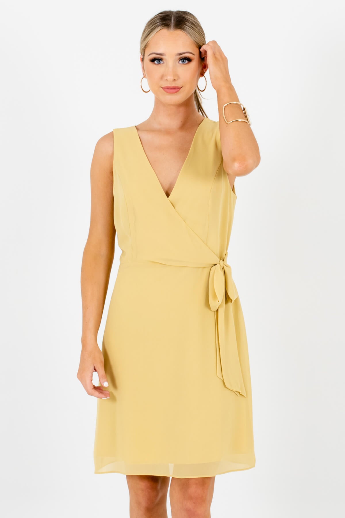 Yellow Faux Wrap Style Boutique Mini Dresses for Women