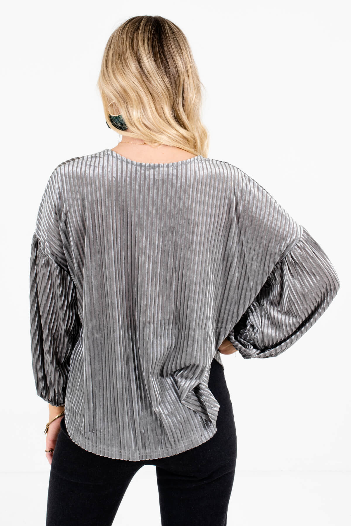 Women's Silver Gray Semi-Sheer Velvet Striped Boutique Blouse