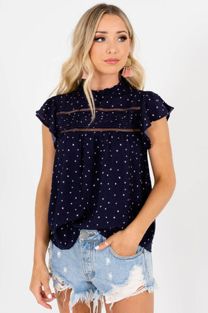 Navy Blue and Pink Polka Dot Patterned Boutique Blouses for Women