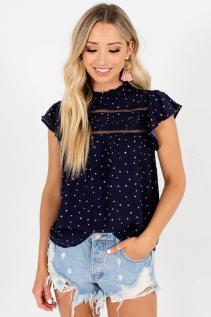 Navy Blue Ladder Lace Accented Boutique Tops for Women