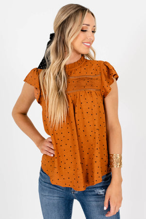 Rust Orange and Navy Polka Dot Patterned Boutique Blouses for Women