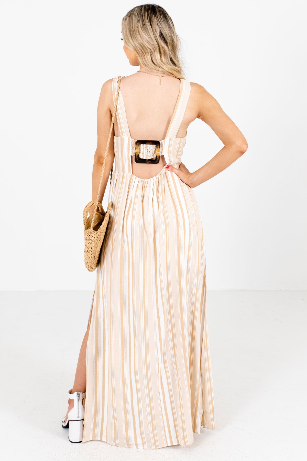 Women's Taupe Brown V-Neckline Boutique Maxi Dress