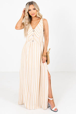 Taupe and White Striped Boutique Maxi Dresses for Women