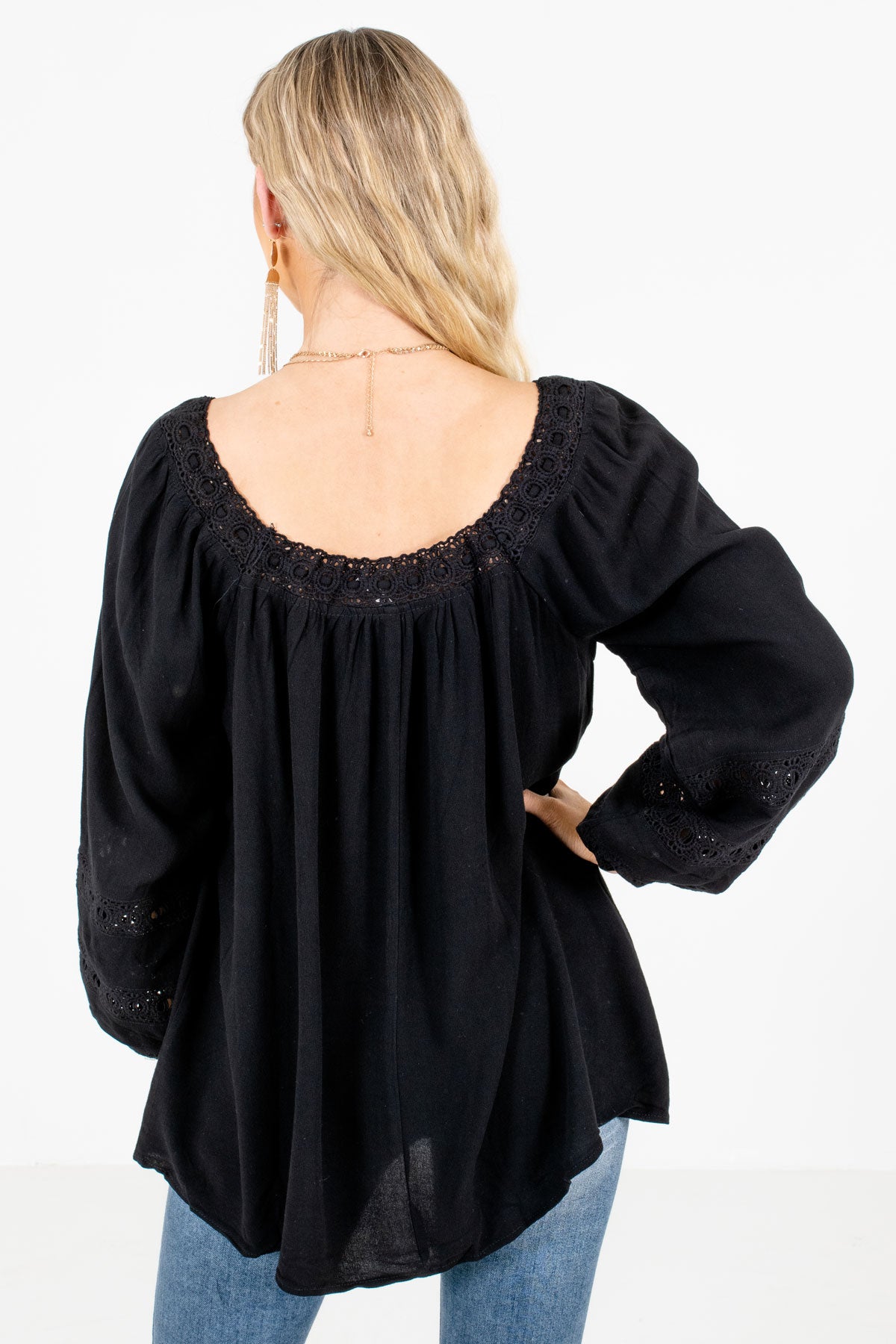 Women's Black Crochet Lace Accents Boutique Tops