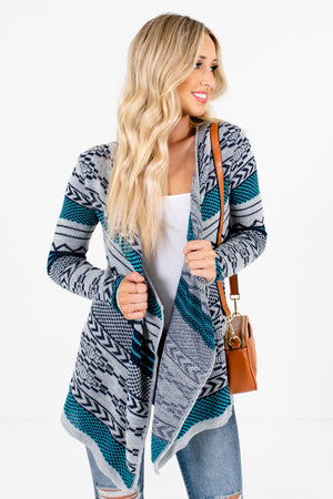 Blue Multicolored Patterned Boutique Cardigans for Women