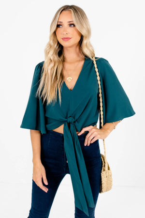 Emerald Green Tie Front Detail Boutique Tops for Women
