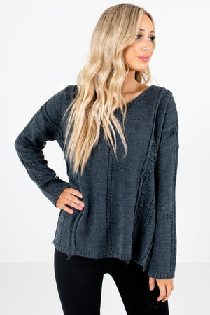 Charcoal Gray Cutout and Frayed Accented Boutique Sweaters for Women