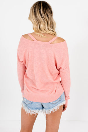 Pink Thick Knit Sweater Tops with Strappy Neckline