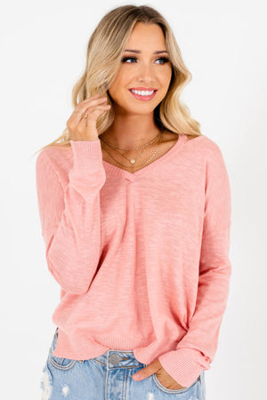 Heather Pink Strappy Neckline Long Sleeve Tops and Sweaters