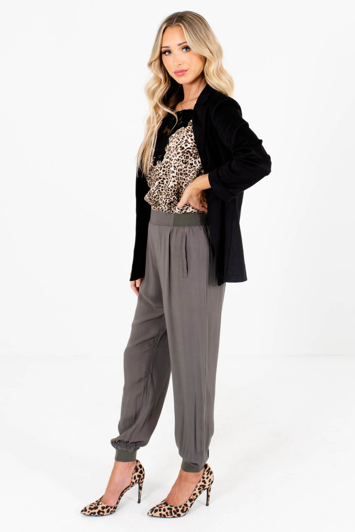 Women's Olive Green Business Casual Boutique Pants