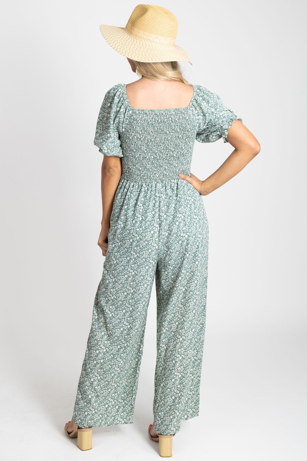 Square Neck Smocked Jumpsuit with Floral Print in Green