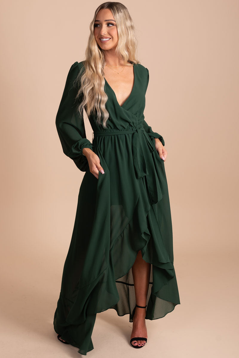 women's boutique dark green long sleeve maxi dress