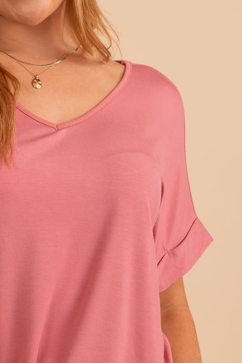 pink short sleeve v-neck top