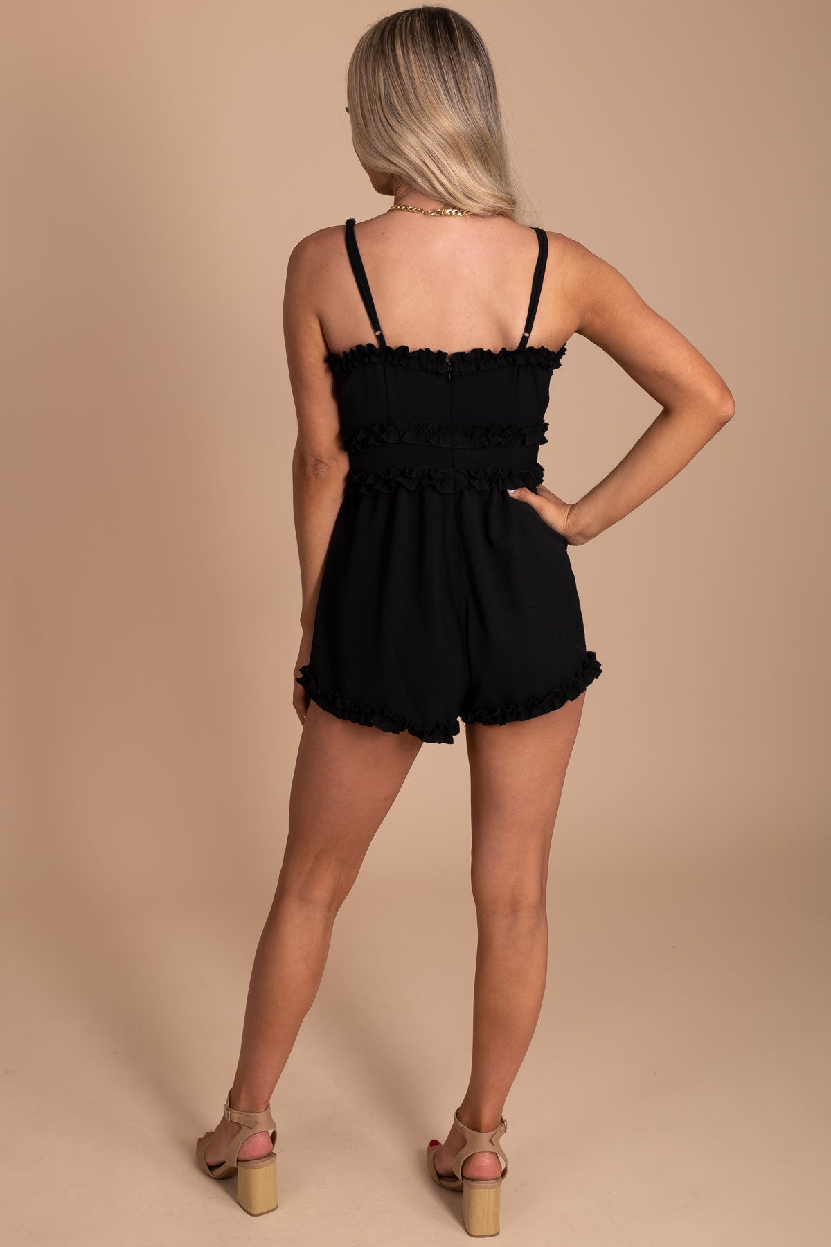 Boutique Romper in Black with Ruffles