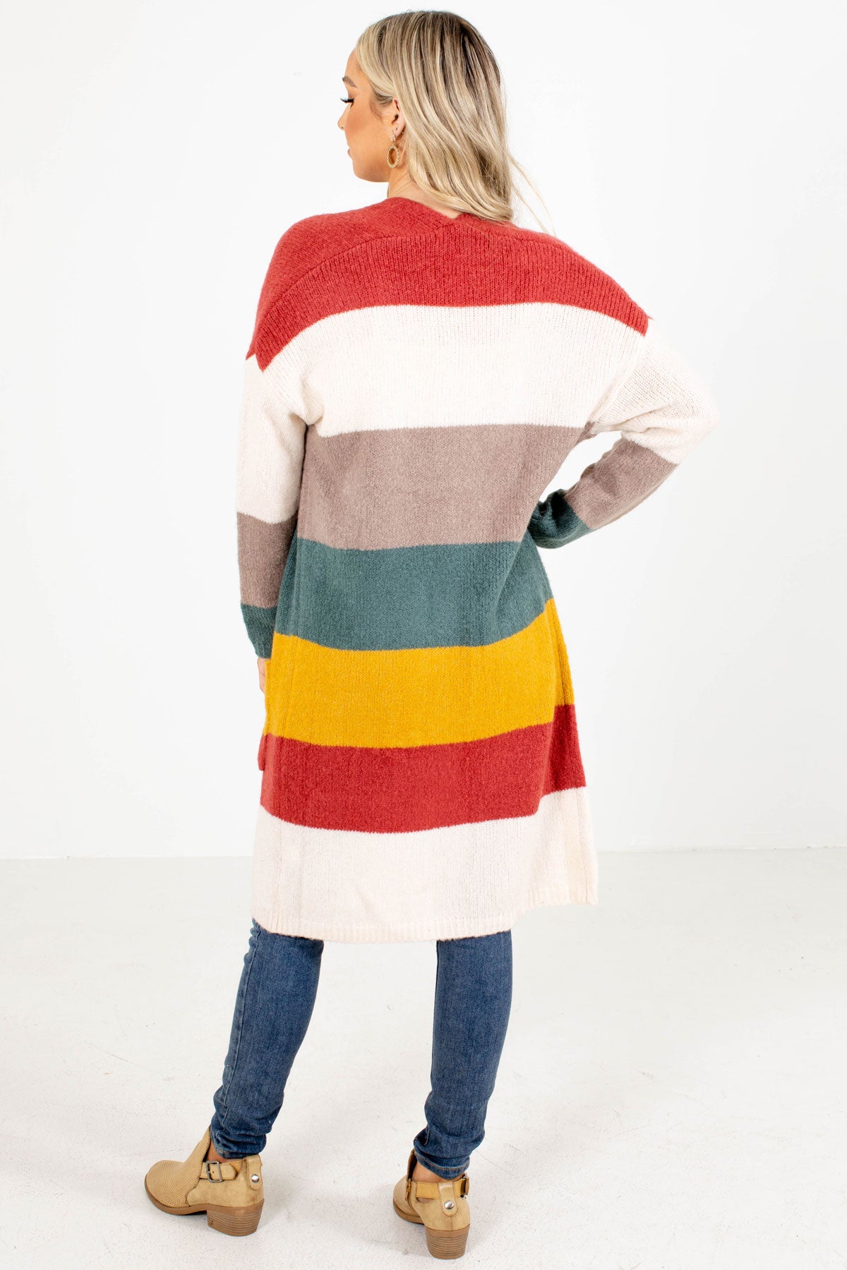 White, Red, Yellow, and Cream Striped Cardigan
