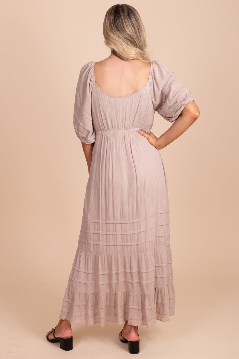 Women's Taupe Maxi Dress with Puff Sleeves, Lace Bodice, Flounce Hem, and Pleats.