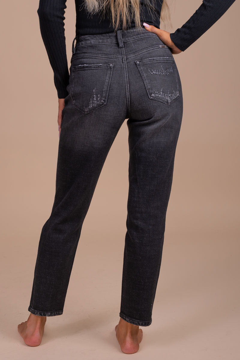 Women's Faded Black Denim Jeans with Distressing
