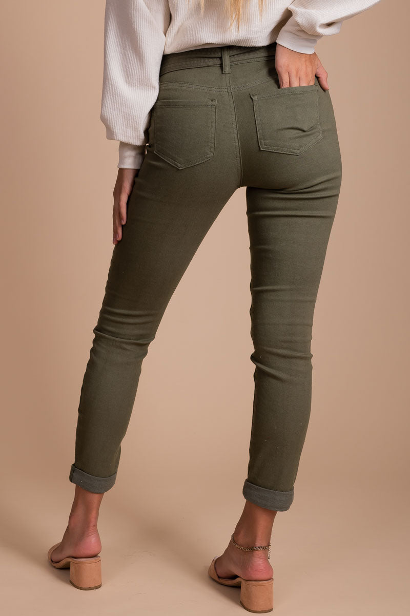 women's boutique olive green skinny jeans