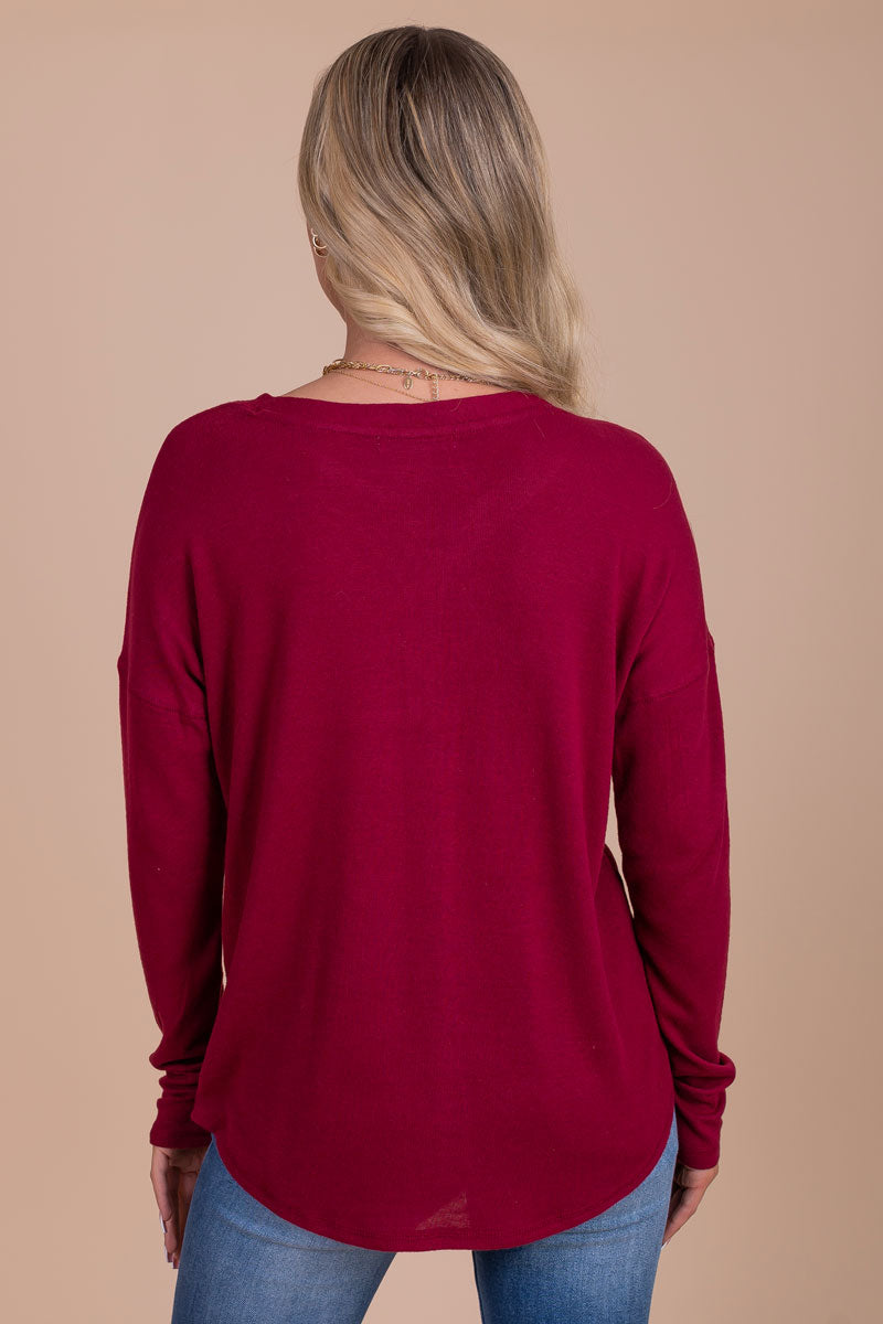 Women's Burgundy Red Long Sleeve Boutique Top