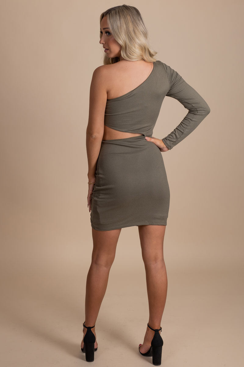 women's boutique olive green one arm mini dress