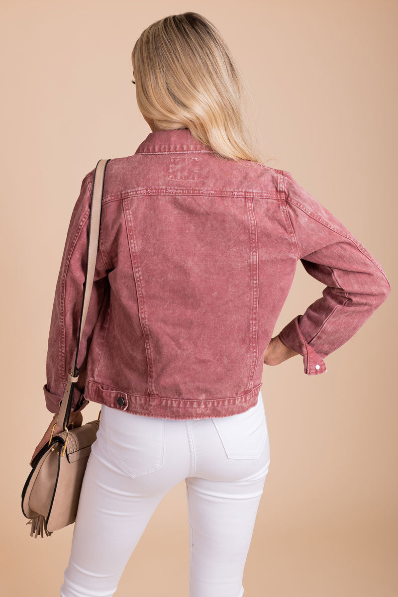 boutique acid wash pink denim jacket for fall