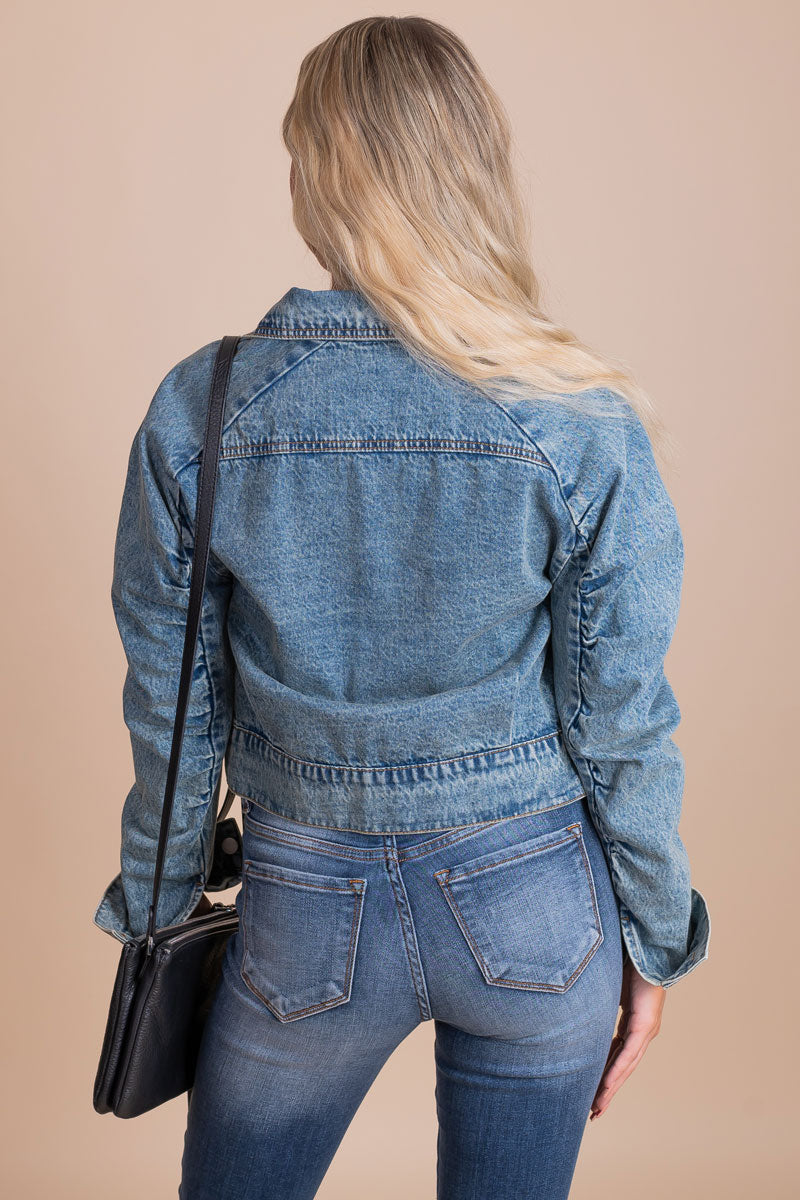Collared Denim Jacket with Ruched Detailed Sleeves