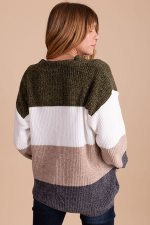 olive green white light brown and gray striped sweater