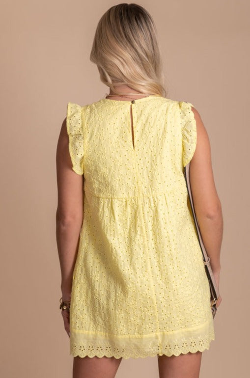 Women's Eyelet Mini Dress in Yellow with Cap Sleeves 