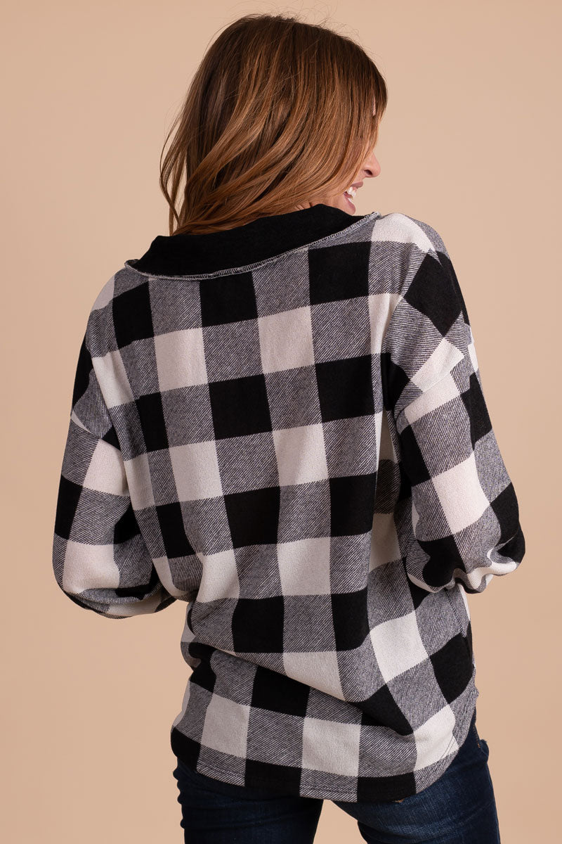 black and white gingham plaid pullover
