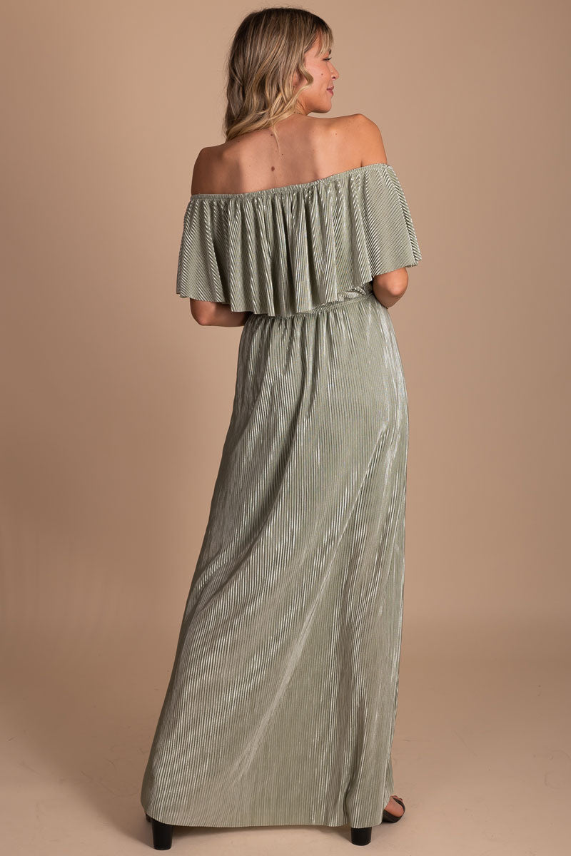 women's green ribbed off shoulder special occasion maxi dress