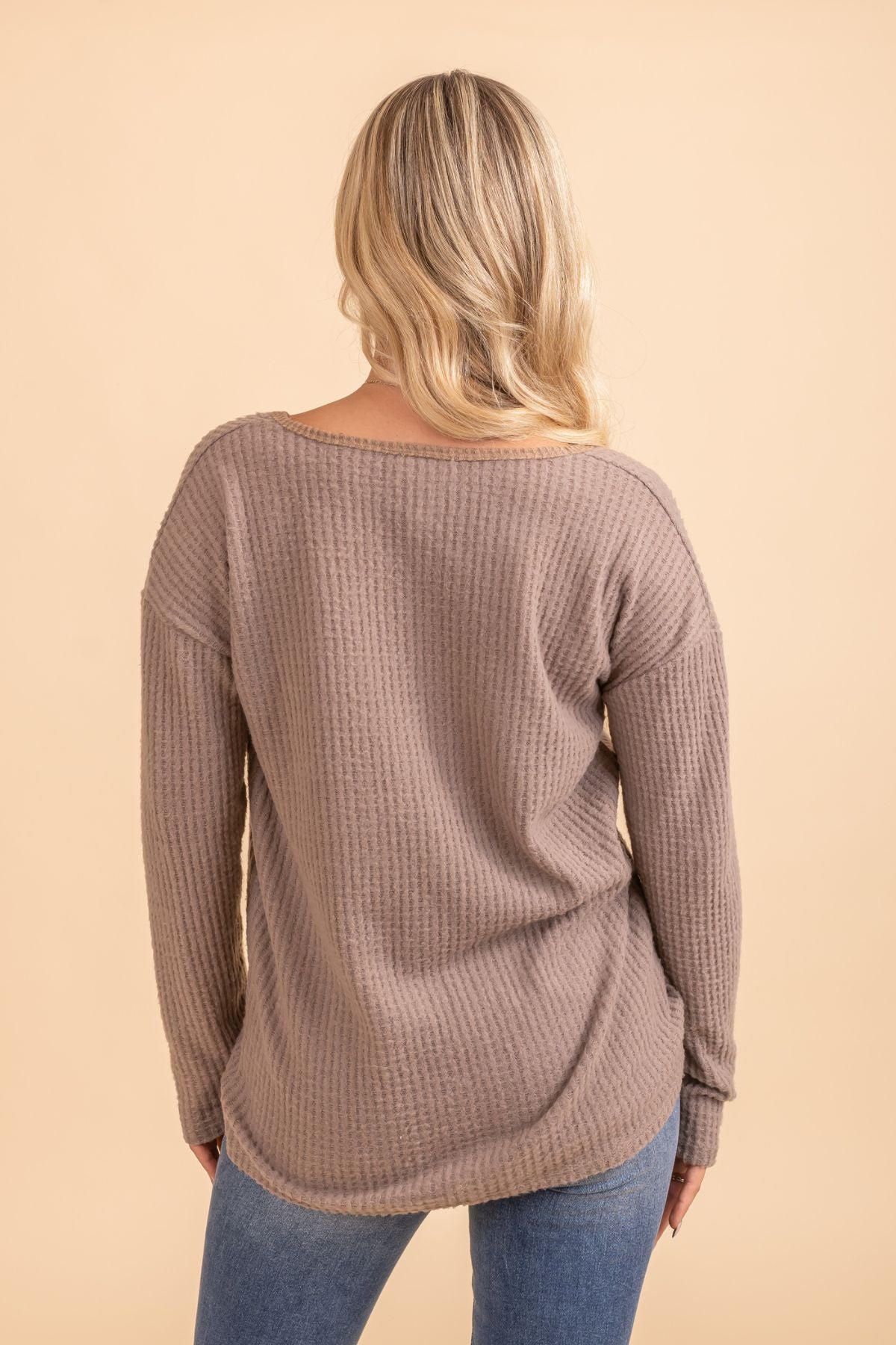 Brown v neck waffle knit long sleeve