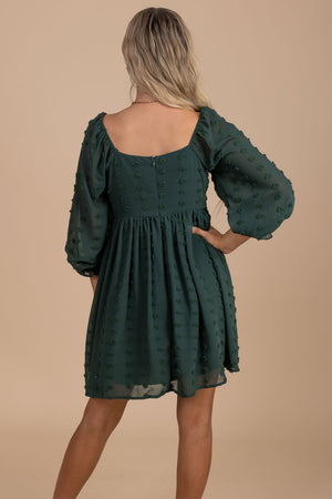 dark green mini dress with square neckline