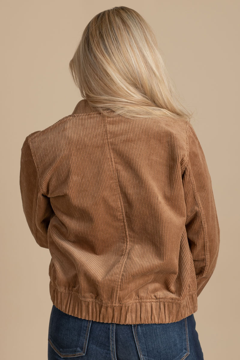 women's brown zip up corduroy jacket