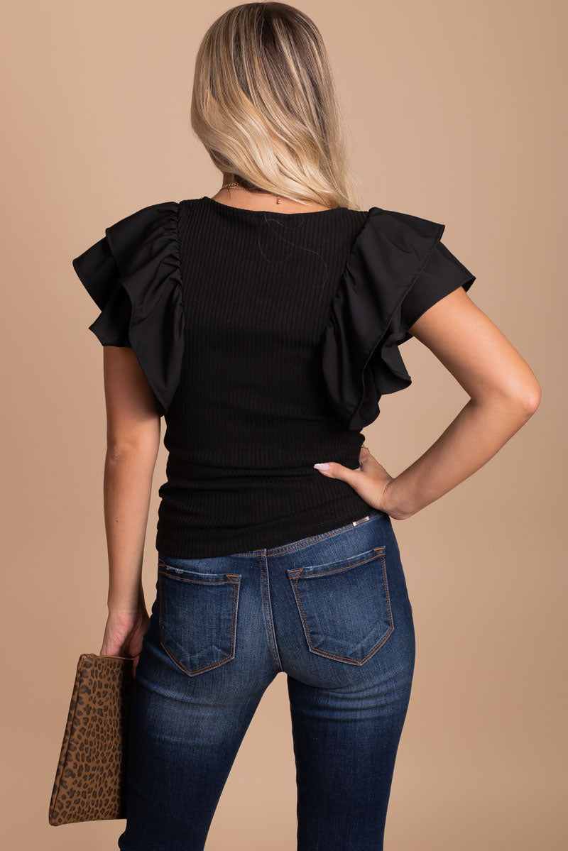 Women's Black High-Quality Ribbed Material Boutique Tops