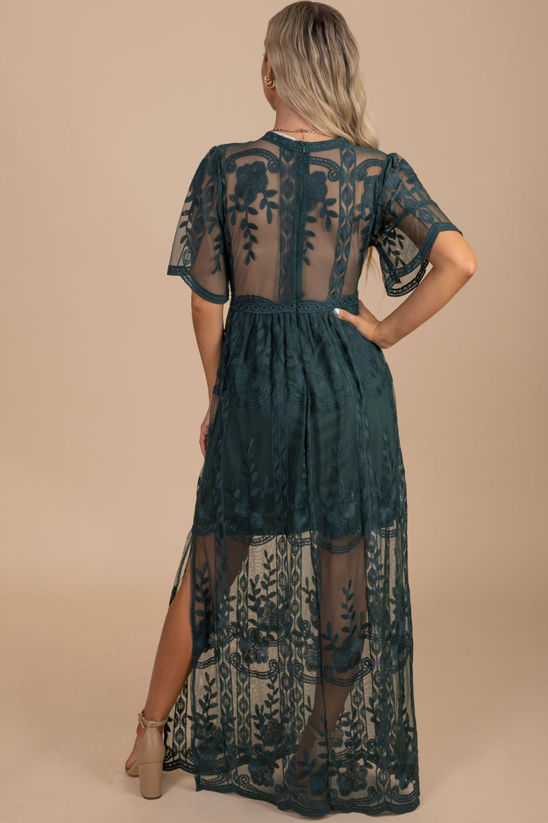 women's lace sheer back maxi length dress for special occasions