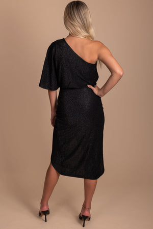 boutique one-shoulder black shimmery dress
