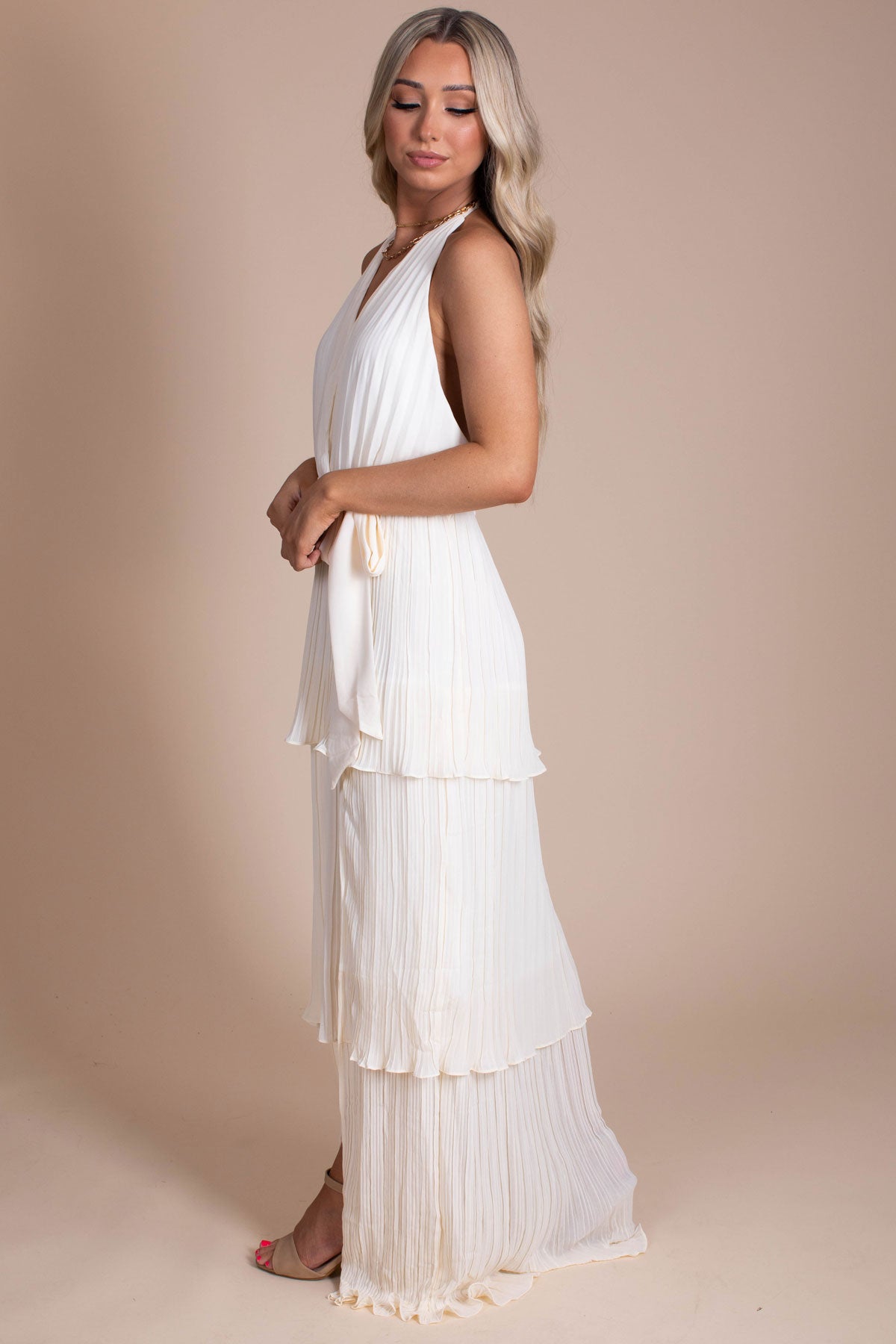 Women's Long Length Tiered Off White Dress