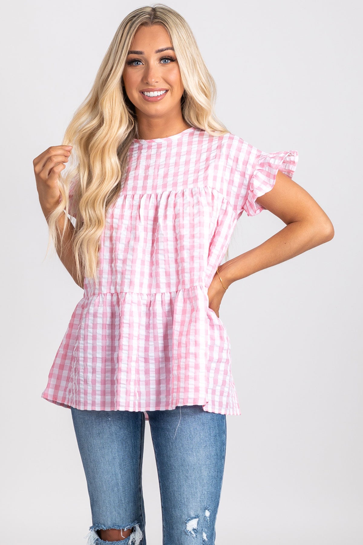 Gingham Blouse for women in pink, navy, black, and yellow