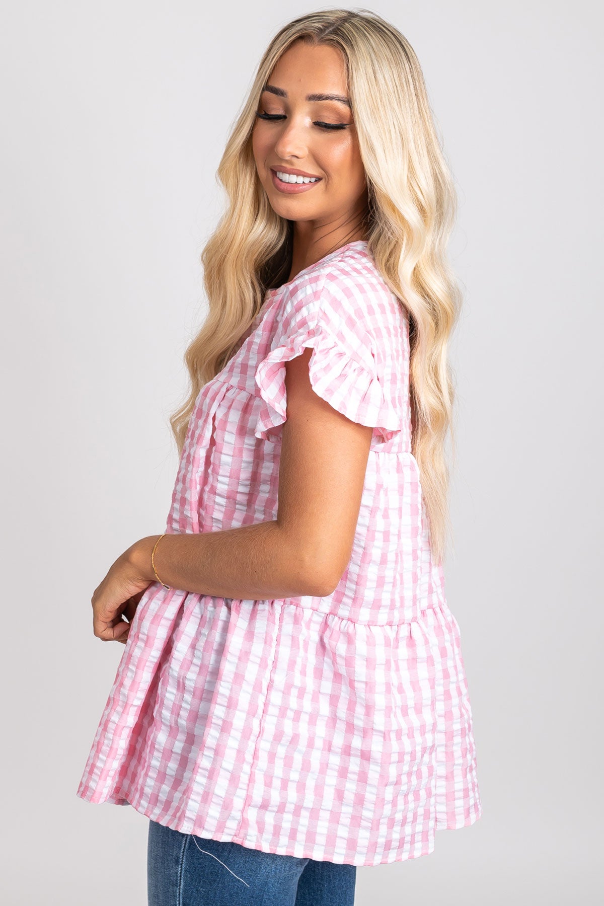 Women's gingham peplum top for spring and summer