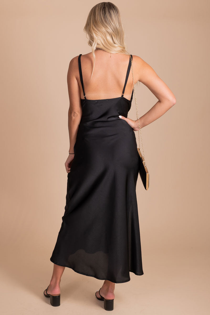 Premium Satin V Plunge Strappy Low Back Midi Slip Dress