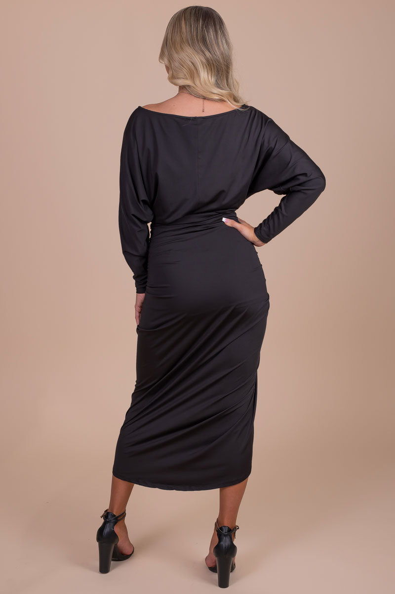 women's black long sleeve midi dress with faux wrap style
