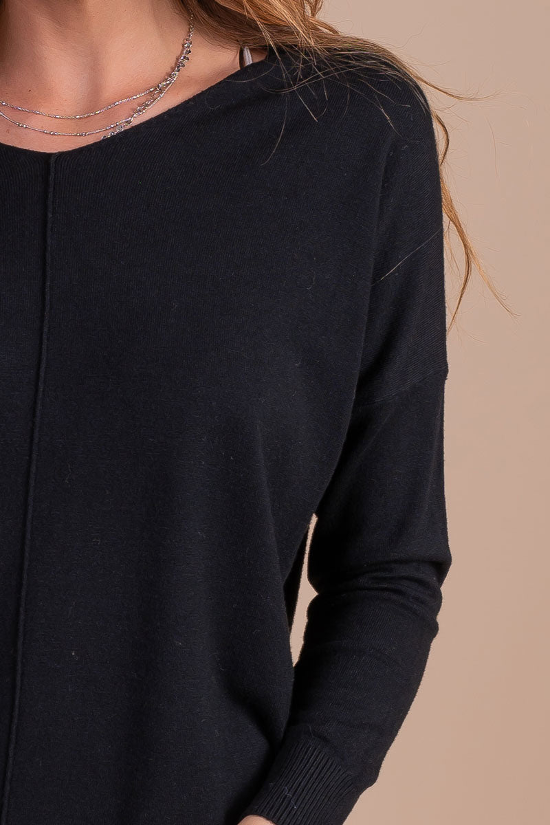 black v-neck long sleeve tunic top for women