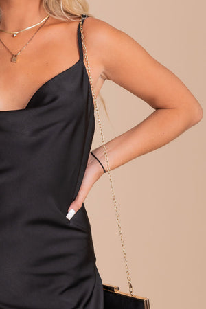 boutique black satin slip dress with cowl neck line