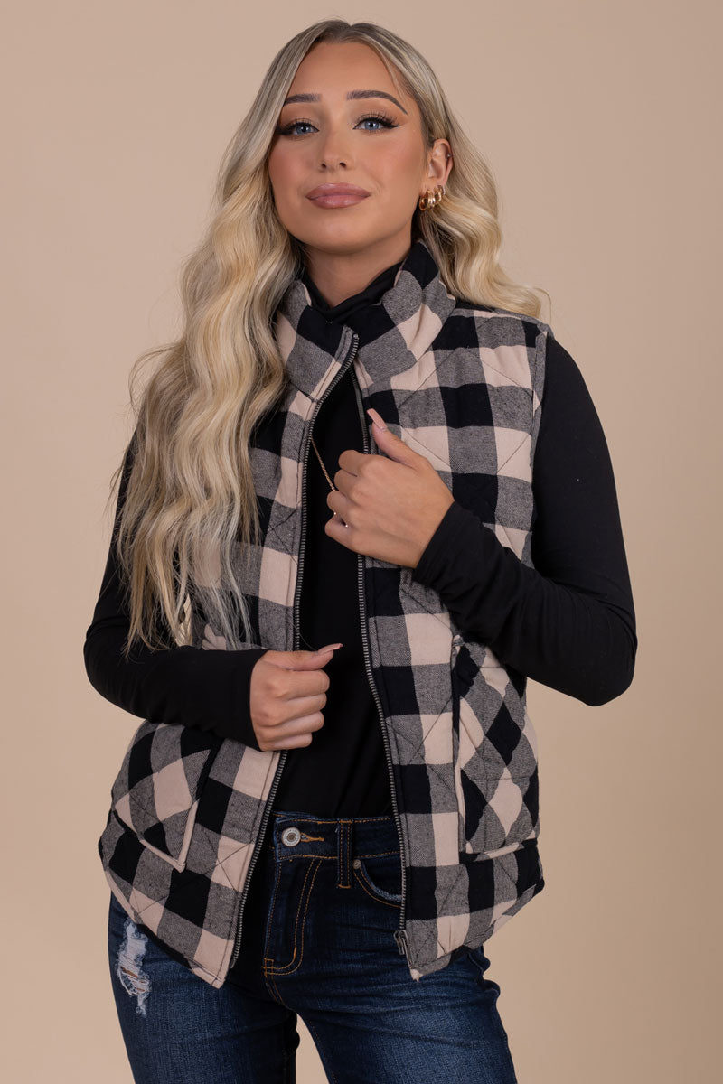 women's boutique trendy buffalo plaid puff vest for fall and winter