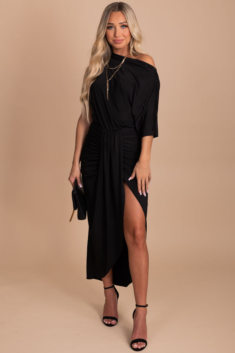 women's black special occasion midi dress for fall and winter